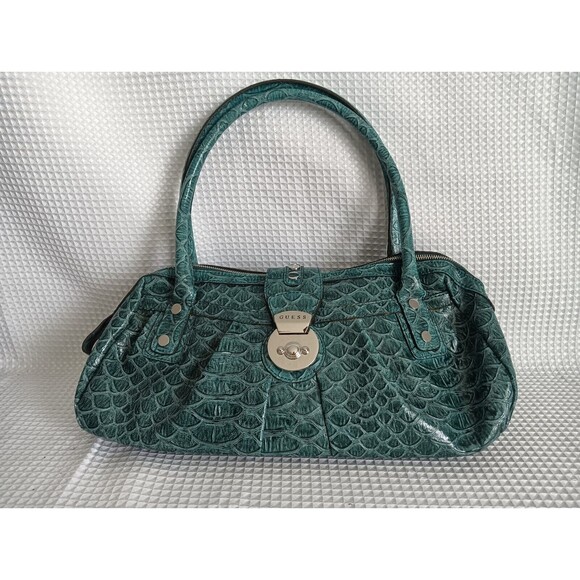 Guess Patent Leather Teal Green Croc Shoulder Bag Vintage Style, Great Condition - Picture 1 of 15